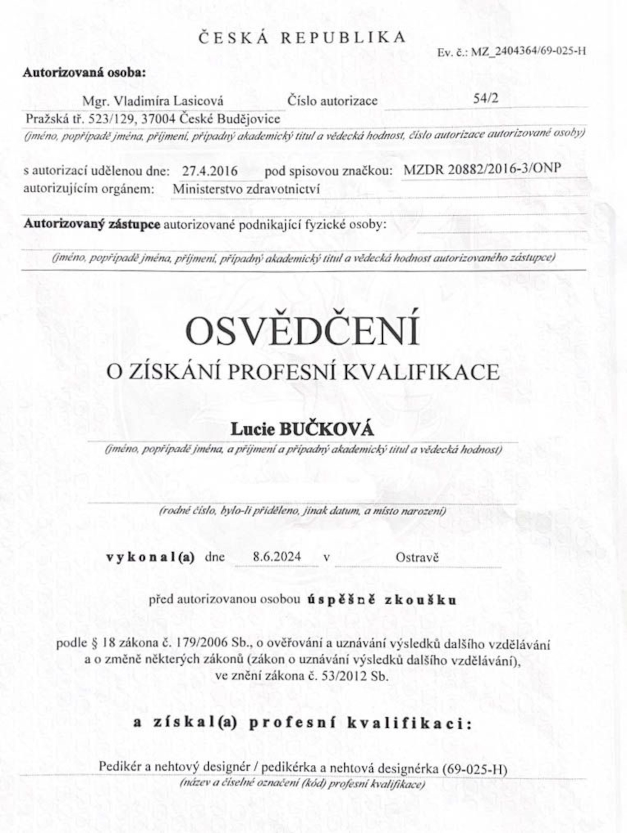 Certifikát Bučková 1
