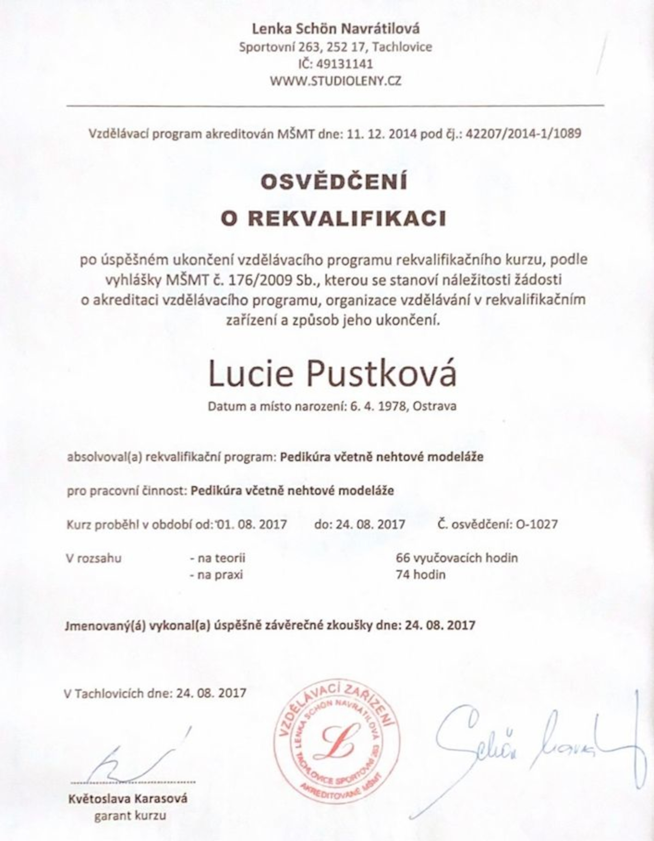 Certifikát Pustková 1
