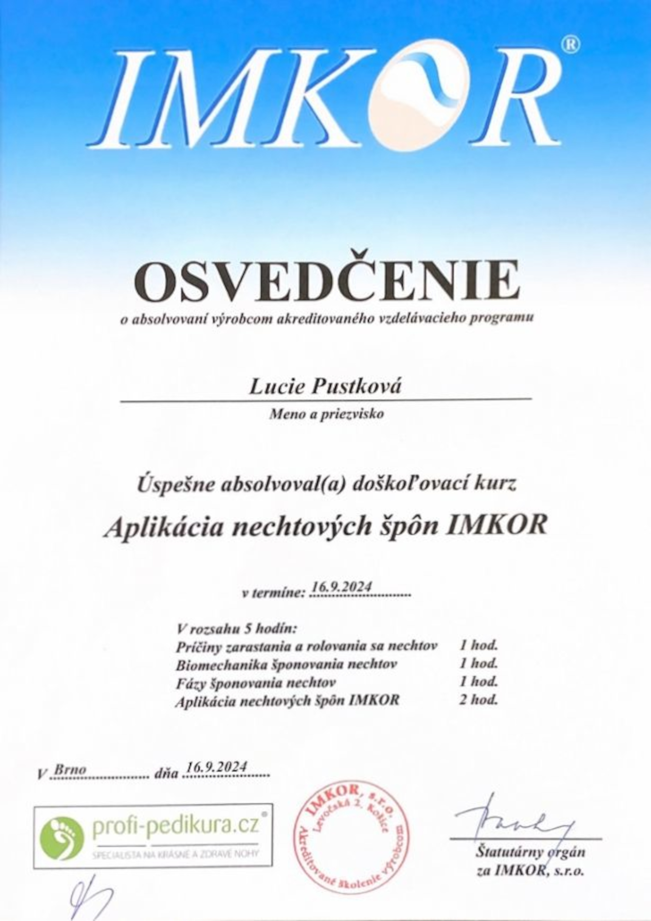 Certifikát Pustková 3